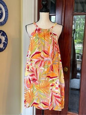 C&C California | Tropical Palm Linen Blend Halter Shift Dress, Size L